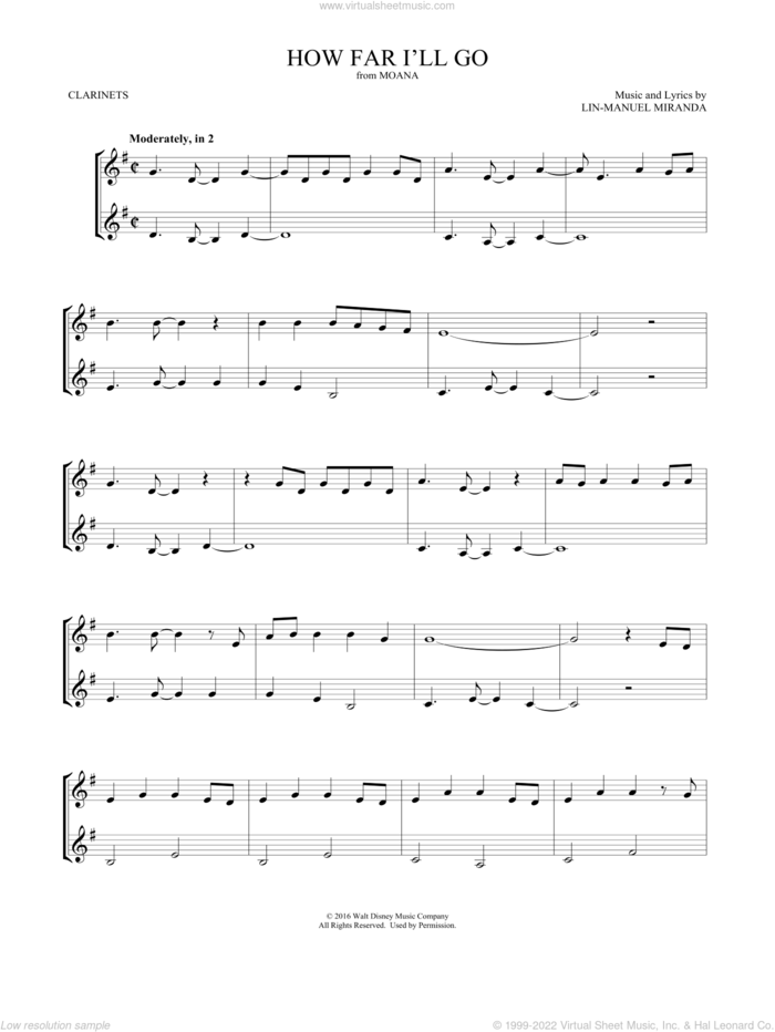 How Far I'll Go (from Moana) (arr. Mark Phillips) sheet music for two clarinets (duets) by Lin-Manuel Miranda and Mark Phillips, intermediate skill level