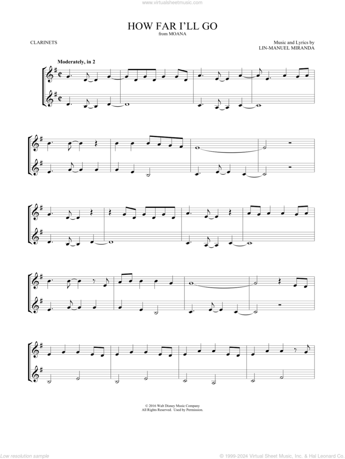 How Far I'll Go (from Moana) (arr. Mark Phillips) sheet music for two clarinets (duets) by Lin-Manuel Miranda and Mark Phillips, intermediate skill level