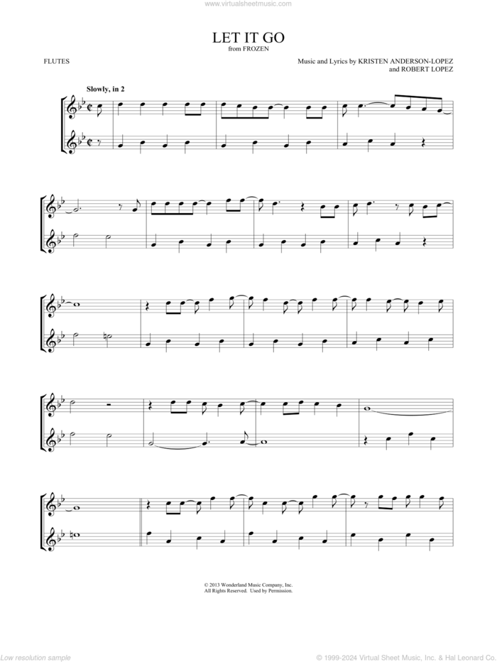 Let It Go (from Frozen) sheet music for two flutes (duets) by Idina Menzel, Mark Phillips, Kristen Anderson-Lopez and Robert Lopez, intermediate skill level