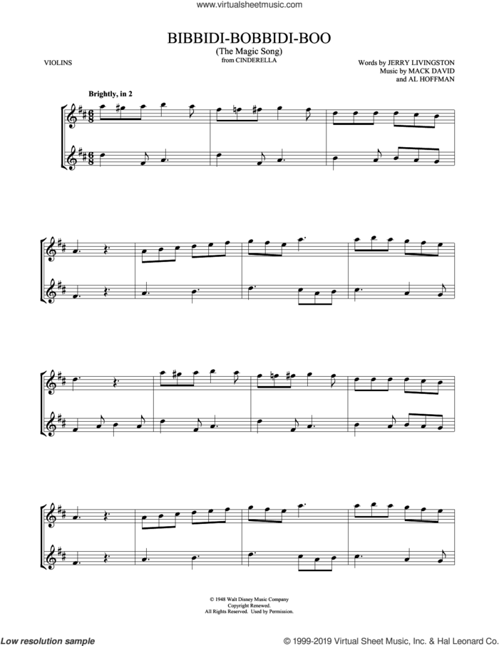 Bibbidi-Bobbidi-Boo (The Magic Song) (from Cinderella) sheet music for two violins (duets, violin duets) by Verna Felton, Mark Phillips, Al Hoffman, Jerry Livingston and Mack David, intermediate skill level
