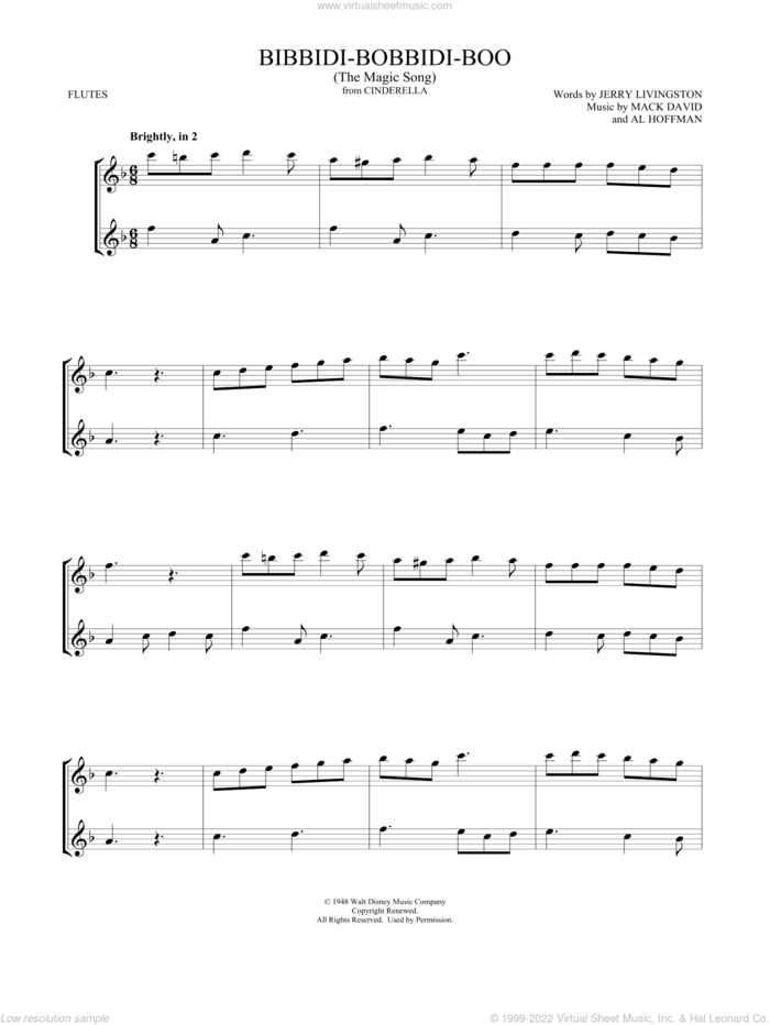 Bibbidi-Bobbidi-Boo (The Magic Song) (from Cinderella) (arr. Mark Phillips) sheet music for two flutes (duets) by Verna Felton, Mark Phillips, Al Hoffman, Jerry Livingston and Mack David, intermediate skill level