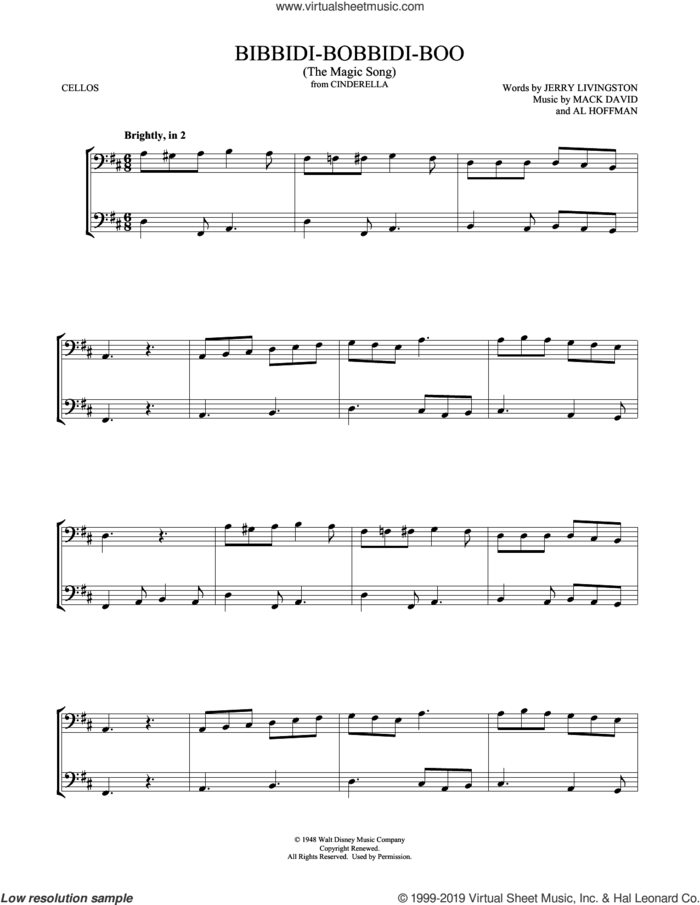 Bibbidi-Bobbidi-Boo (The Magic Song) (from Cinderella) (arr. Mark Phillips) sheet music for two cellos (duet, duets) by Verna Felton, Mark Phillips, Al Hoffman, Jerry Livingston and Mack David, intermediate skill level