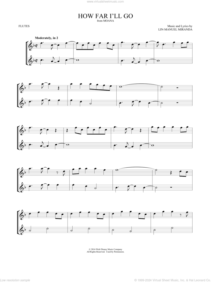 How Far I'll Go (from Moana) (arr. Mark Phillips) sheet music for two flutes (duets) by Lin-Manuel Miranda and Mark Phillips, intermediate skill level