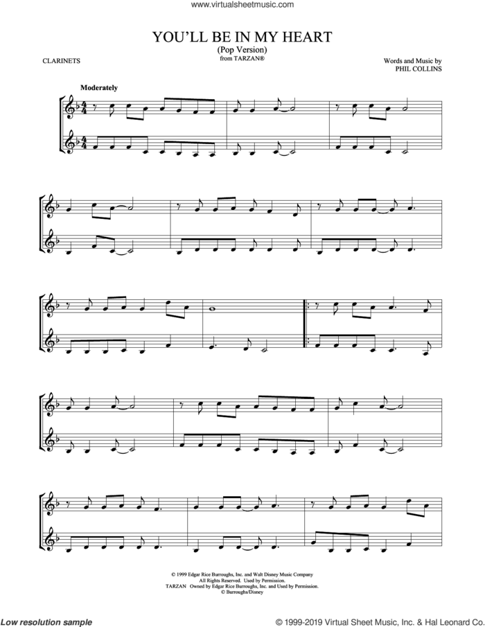 You'll Be In My Heart (Pop Version) (from Tarzan) sheet music for two clarinets (duets) by Phil Collins and Mark Phillips, intermediate skill level