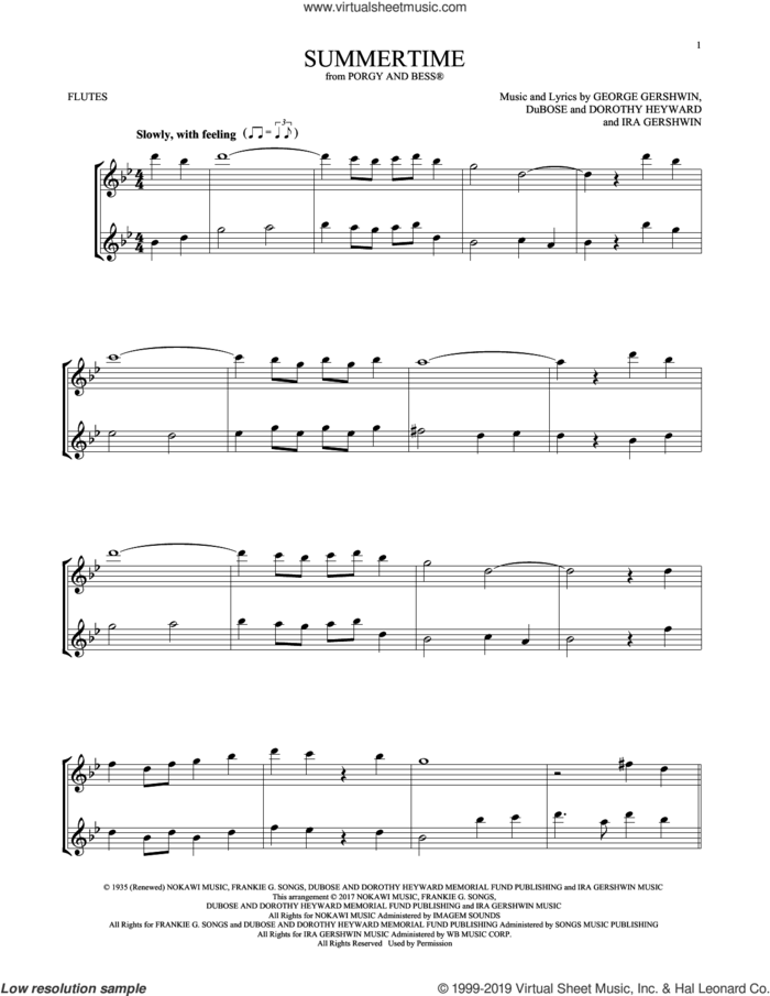 Summertime (from Porgy and Bess) sheet music for two flutes (duets) by George Gershwin, Dorothy Heyward, DuBose Heyward and Ira Gershwin, intermediate skill level