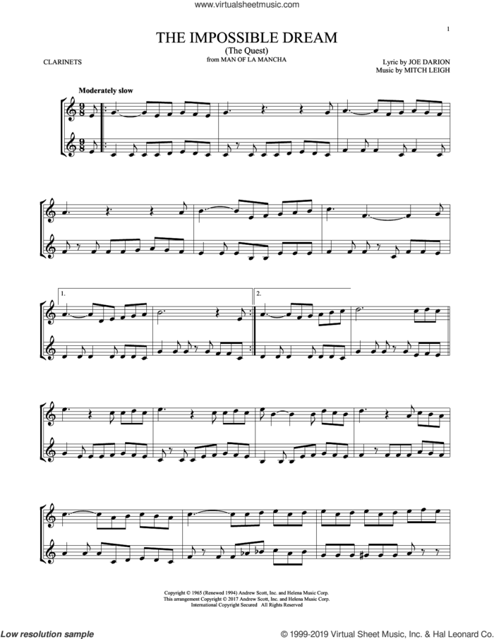 The Impossible Dream (The Quest) sheet music for two clarinets (duets) by Mitch Leigh and Joe Darion, intermediate skill level