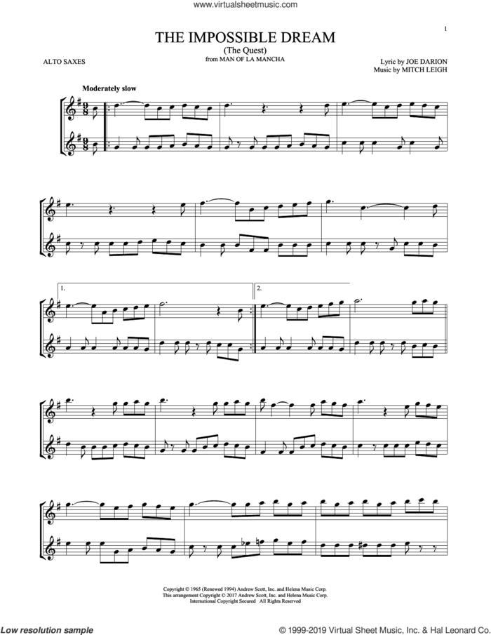 The Impossible Dream (The Quest) sheet music for two alto saxophones (duets) by Mitch Leigh and Joe Darion, intermediate skill level