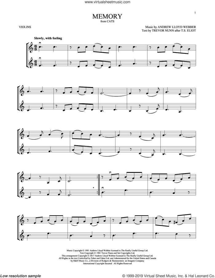 Memory (from Cats) sheet music for two violins (duets, violin duets) by Andrew Lloyd Webber and Trevor Nunn, intermediate skill level