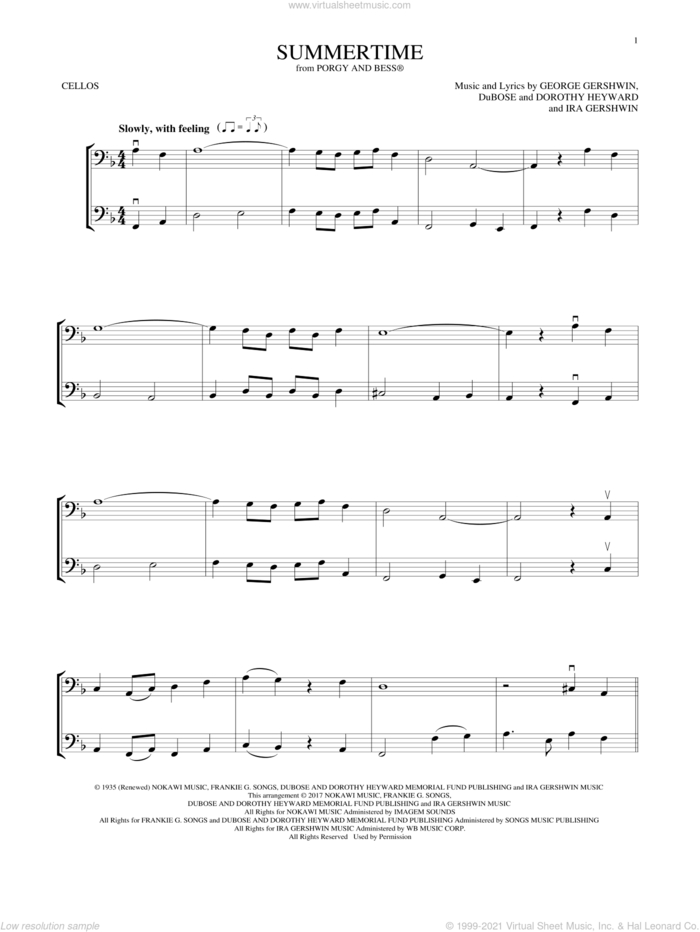 Summertime (from Porgy and Bess) sheet music for two cellos (duet, duets) by George Gershwin, Dorothy Heyward, DuBose Heyward and Ira Gershwin, intermediate skill level