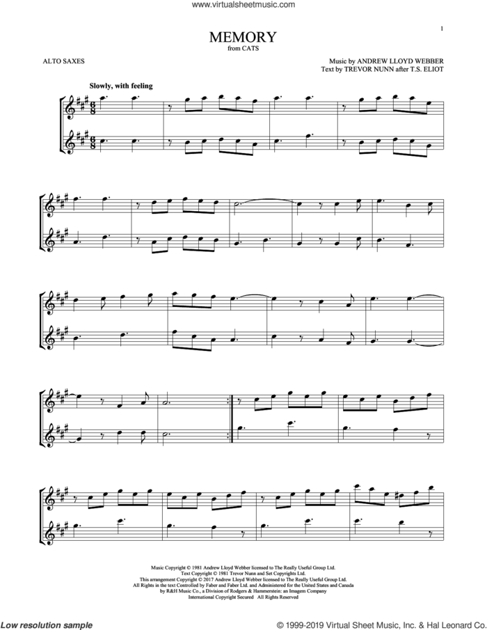 Memory (from Cats) sheet music for two alto saxophones (duets) by Andrew Lloyd Webber and Trevor Nunn, intermediate skill level