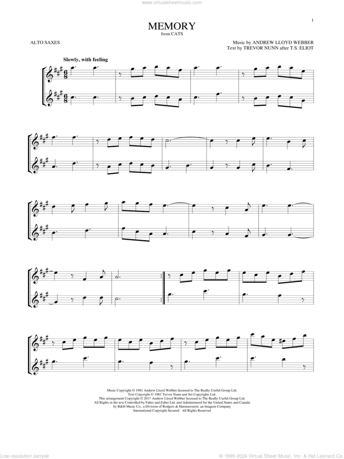 Memory (from Cats) sheet music for two alto saxophones (duets) by Andrew Lloyd Webber and Trevor Nunn, intermediate skill level