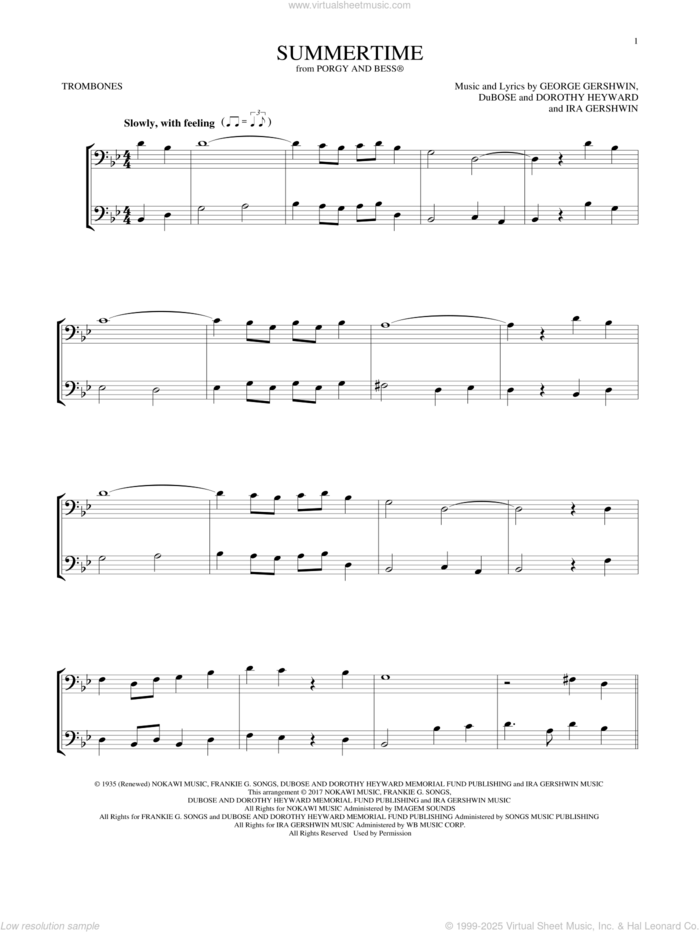 Summertime (from Porgy and Bess) sheet music for two trombones (duet, duets) by George Gershwin, Dorothy Heyward, DuBose Heyward and Ira Gershwin, intermediate skill level