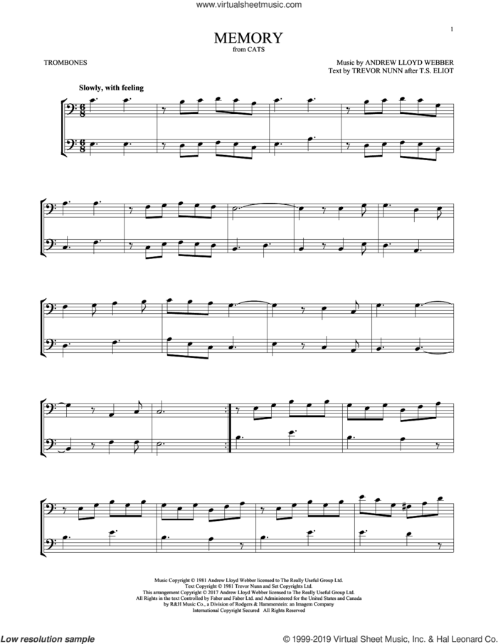 Memory (from Cats) sheet music for two trombones (duet, duets) by Andrew Lloyd Webber and Trevor Nunn, intermediate skill level