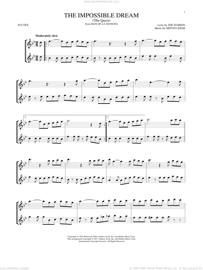 The Impossible Dream (The Quest) sheet music for two flutes (duets) by Mitch Leigh and Joe Darion, intermediate skill level