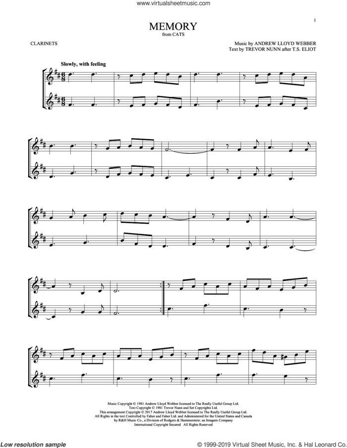 Memory (from Cats) sheet music for two clarinets (duets) by Andrew Lloyd Webber and Trevor Nunn, intermediate skill level