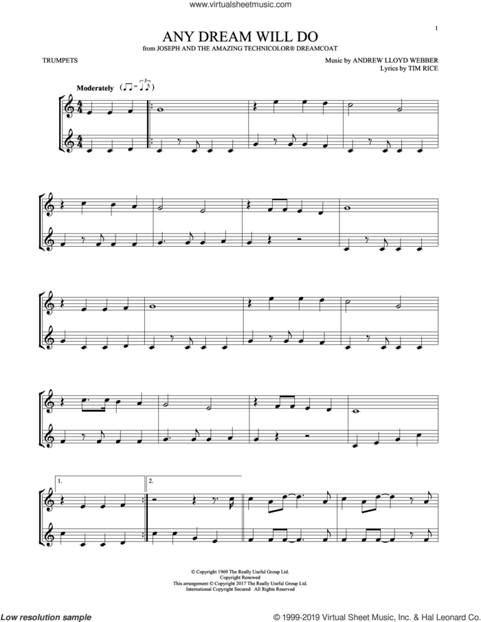 Any Dream Will Do (from Joseph And The Amazing Technicolor Dreamcoat) sheet music for two trumpets (duet, duets) by Andrew Lloyd Webber and Tim Rice, intermediate skill level