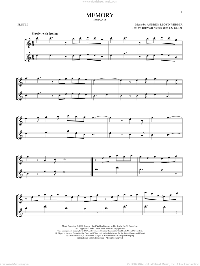 Memory (from Cats) sheet music for two flutes (duets) by Andrew Lloyd Webber and Trevor Nunn, intermediate skill level