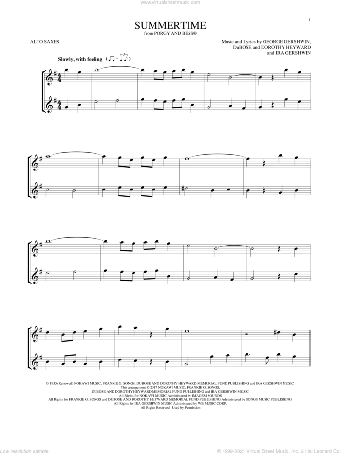 Summertime (from Porgy and Bess) sheet music for two alto saxophones (duets) by George Gershwin, Dorothy Heyward, DuBose Heyward and Ira Gershwin, intermediate skill level