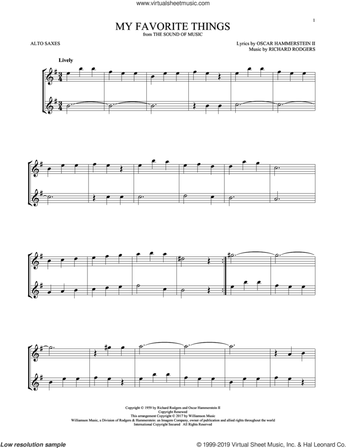 My Favorite Things (from The Sound Of Music) sheet music for two alto saxophones (duets) by Rodgers & Hammerstein, Oscar II Hammerstein and Richard Rodgers, intermediate skill level