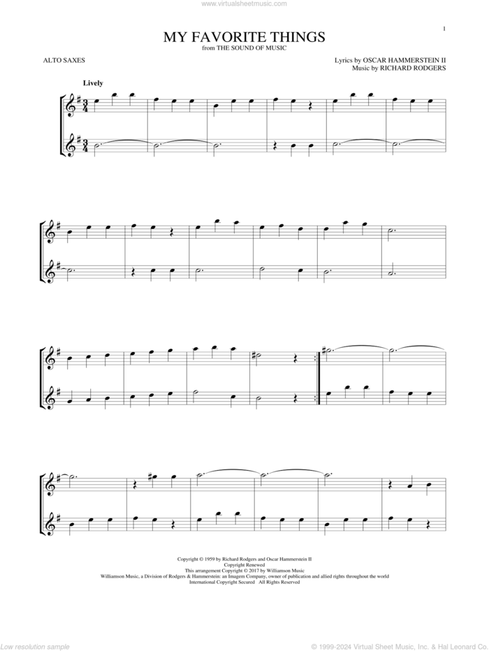 My Favorite Things (from The Sound Of Music) sheet music for two alto saxophones (duets) by Rodgers & Hammerstein, Oscar II Hammerstein and Richard Rodgers, intermediate skill level