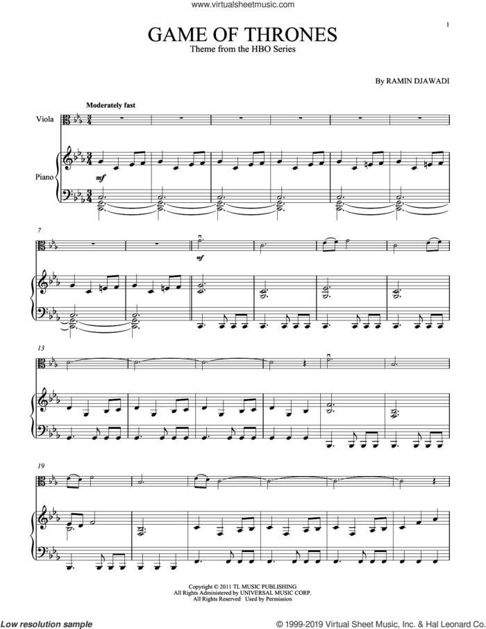 Game Of Thrones sheet music for viola and piano by Ramin Djawadi, intermediate skill level