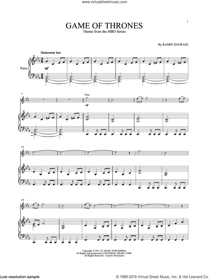 Game Of Thrones sheet music for flute and piano by Ramin Djawadi, intermediate skill level