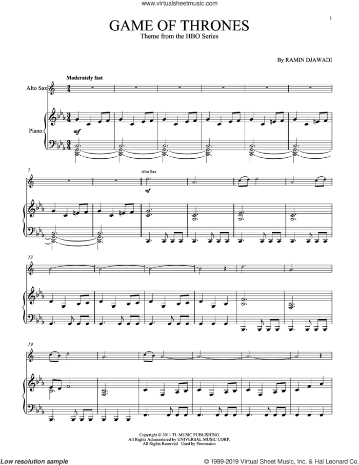 Game Of Thrones sheet music for alto saxophone and piano by Ramin Djawadi, intermediate skill level