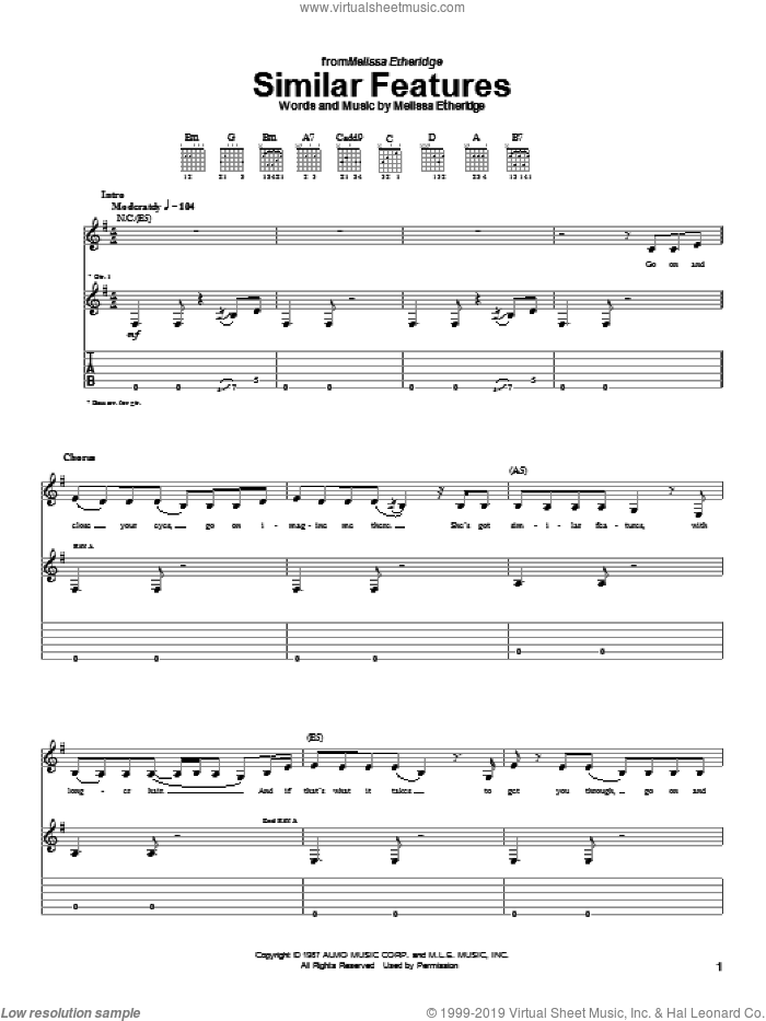 Similar Features sheet music for guitar (tablature) by Melissa Etheridge, intermediate skill level