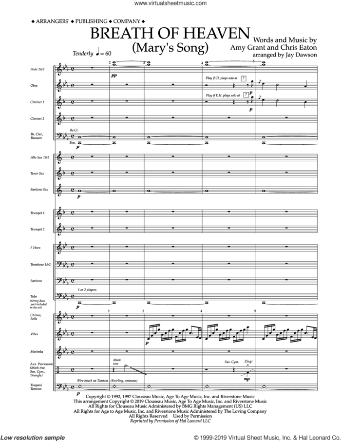 Breath of Heaven (Mary's Song) (arr. Jay Dawson) (COMPLETE) sheet music for concert band by Amy Grant, Chris Eaton and Jay Dawson, intermediate skill level