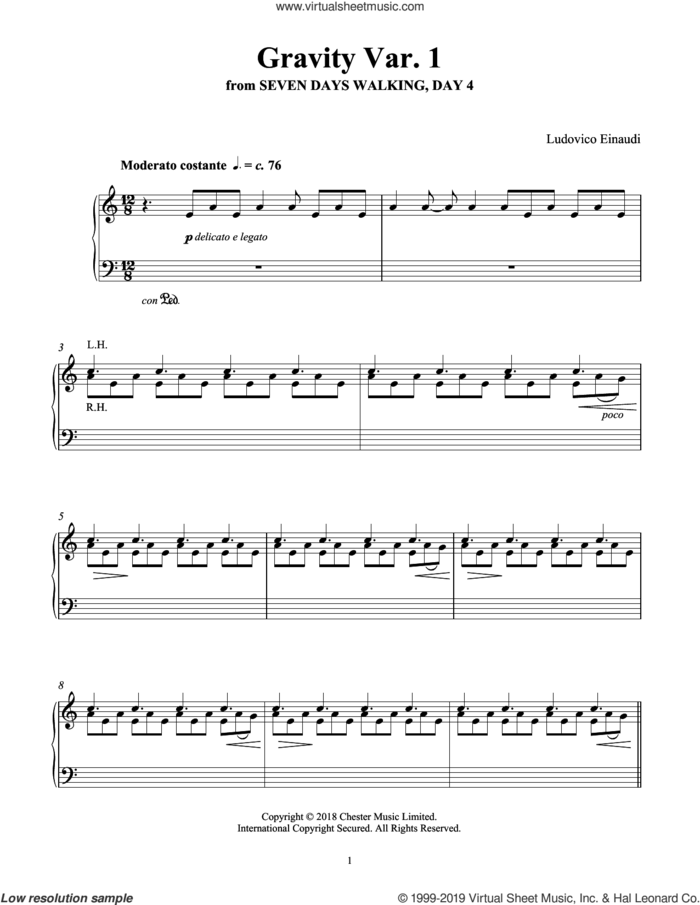 Gravity Var. 1 (from Seven Days Walking: Day 4) sheet music for piano solo by Ludovico Einaudi, classical score, intermediate skill level