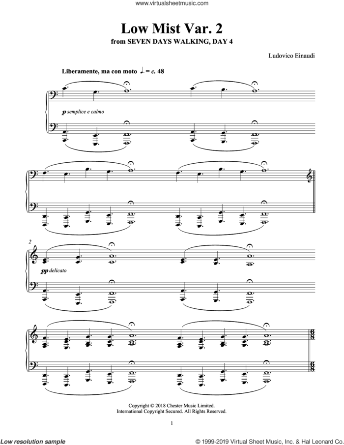 Low Mist Var. 2 (from Seven Days Walking: Day 4) sheet music for piano solo by Ludovico Einaudi, classical score, intermediate skill level