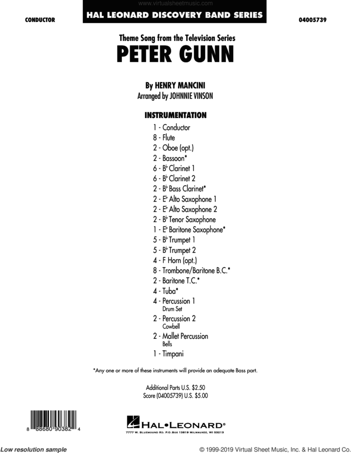 Peter Gunn (arr. Johnnie Vinson) (COMPLETE) sheet music for concert band by Henry Mancini and Johnnie Vinson, intermediate skill level