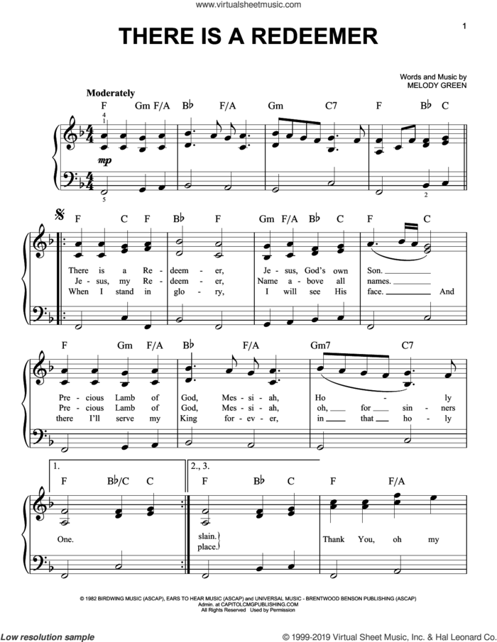 There Is A Redeemer sheet music for piano solo by Keith Green and Melody Green, beginner skill level