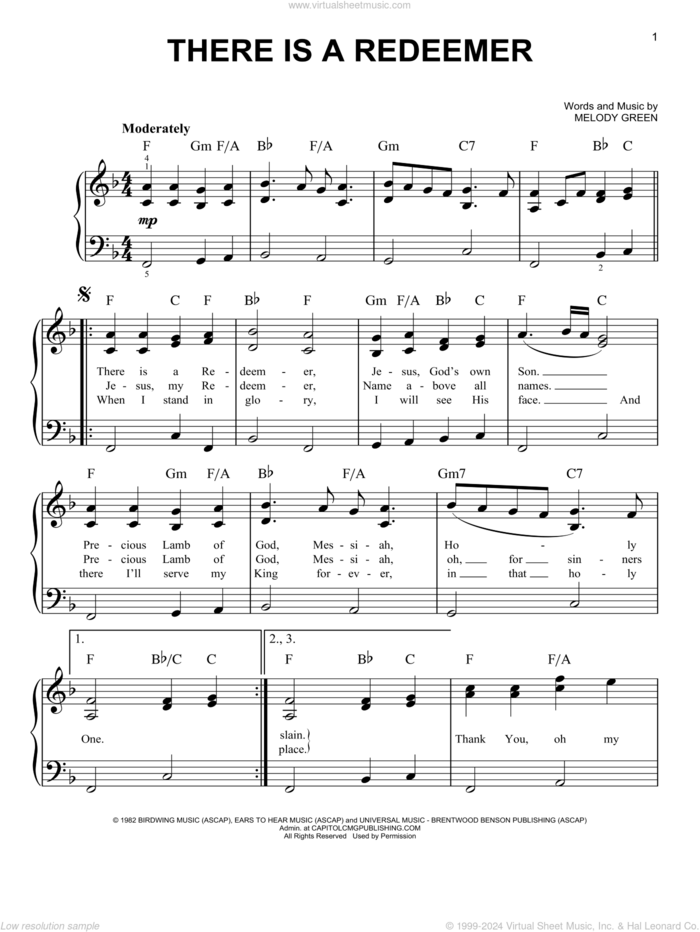 There Is A Redeemer sheet music for piano solo by Keith Green and Melody Green, beginner skill level