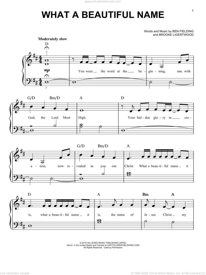 What A Beautiful Name, (beginner) sheet music for piano solo by Hillsong Worship, Ben Fielding and Brooke Ligertwood, beginner skill level