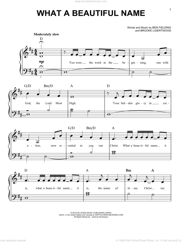 What A Beautiful Name, (beginner) sheet music for piano solo by Hillsong Worship, Ben Fielding and Brooke Ligertwood, beginner skill level