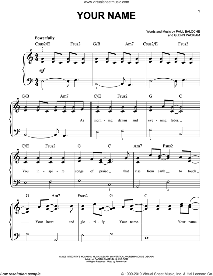 Your Name sheet music for piano solo by Phillips, Craig & Dean, Glenn Packiam and Paul Baloche, beginner skill level