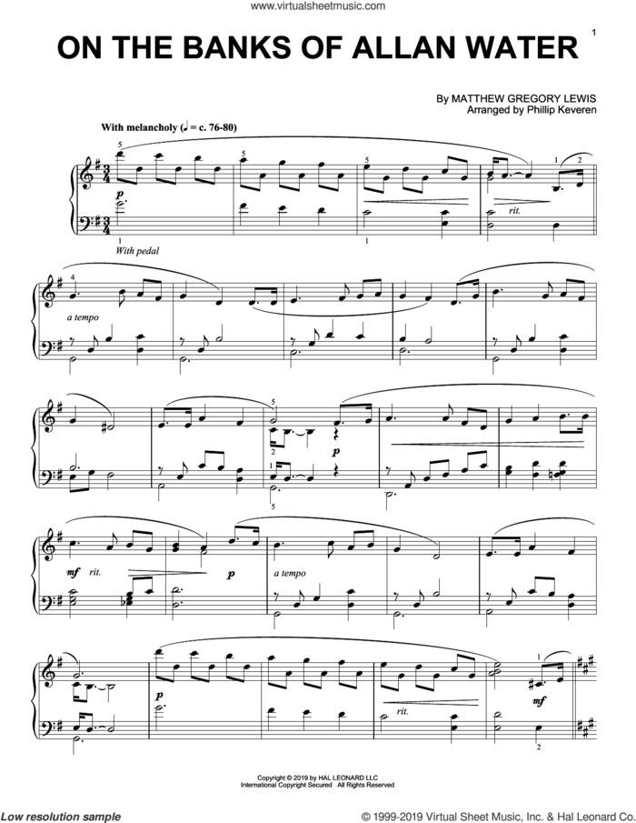 On The Banks Of Allan Water (arr. Phillip Keveren) sheet music for piano solo by Matthew Gregory Lewis and Phillip Keveren, intermediate skill level