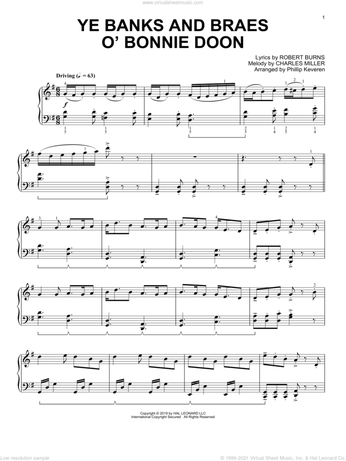 Ye Banks And Braes O' Bonnie Doon (arr. Phillip Keveren) sheet music for piano solo by Robert Burns, Phillip Keveren and Charles Miller, 1788, intermediate skill level