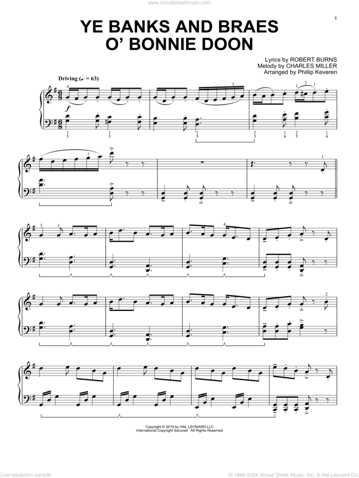 Ye Banks And Braes O' Bonnie Doon (arr. Phillip Keveren) sheet music for piano solo by Robert Burns, Phillip Keveren and Charles Miller, 1788, intermediate skill level