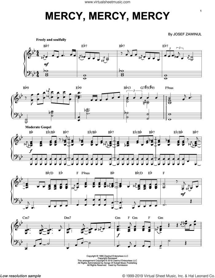 Mercy, Mercy, Mercy sheet music for piano solo by Josef Zawinul, Gail Fisher and Vincent Levy, intermediate skill level