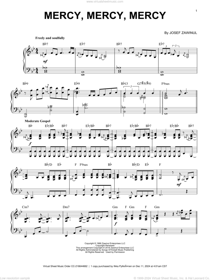 Mercy, Mercy, Mercy (arr. Brent Edstrom) [Jazz version] sheet music for piano solo by Josef Zawinul, Gail Fisher and Vincent Levy, intermediate skill level