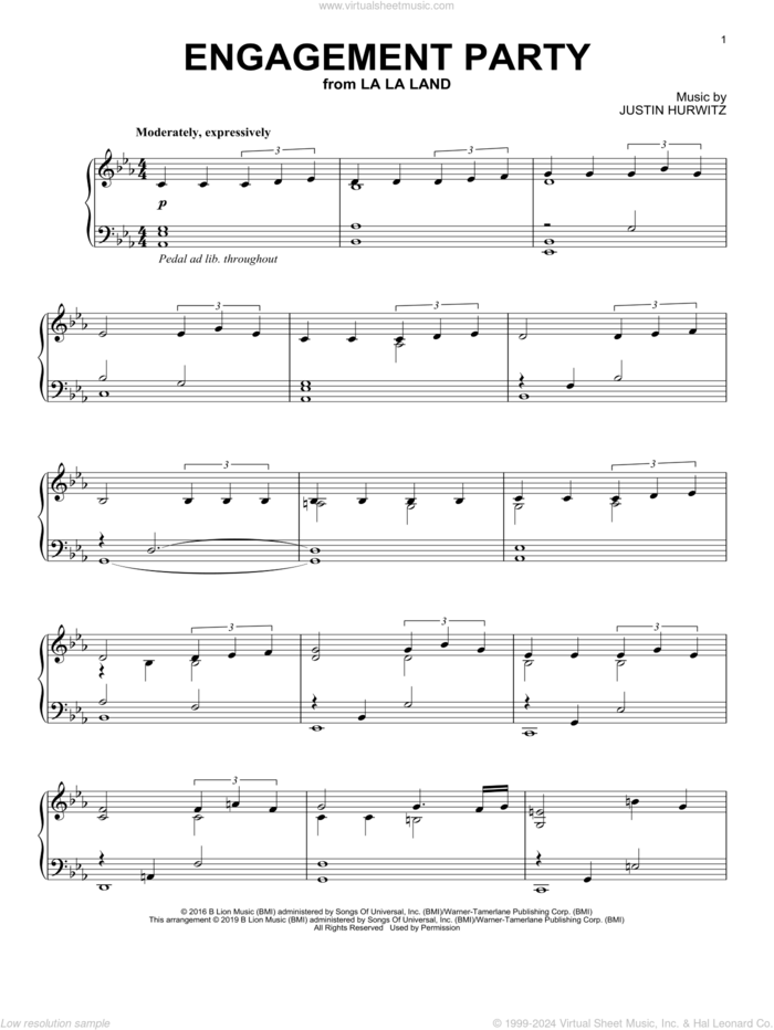 Engagement Party (from La La Land) sheet music for piano solo by Justin Hurwitz, Benj Pasek and Justin Paul, intermediate skill level