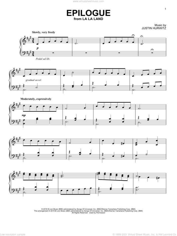 Epilogue (from La La Land) sheet music for piano solo by Justin Hurwitz, Benj Pasek and Justin Paul, intermediate skill level