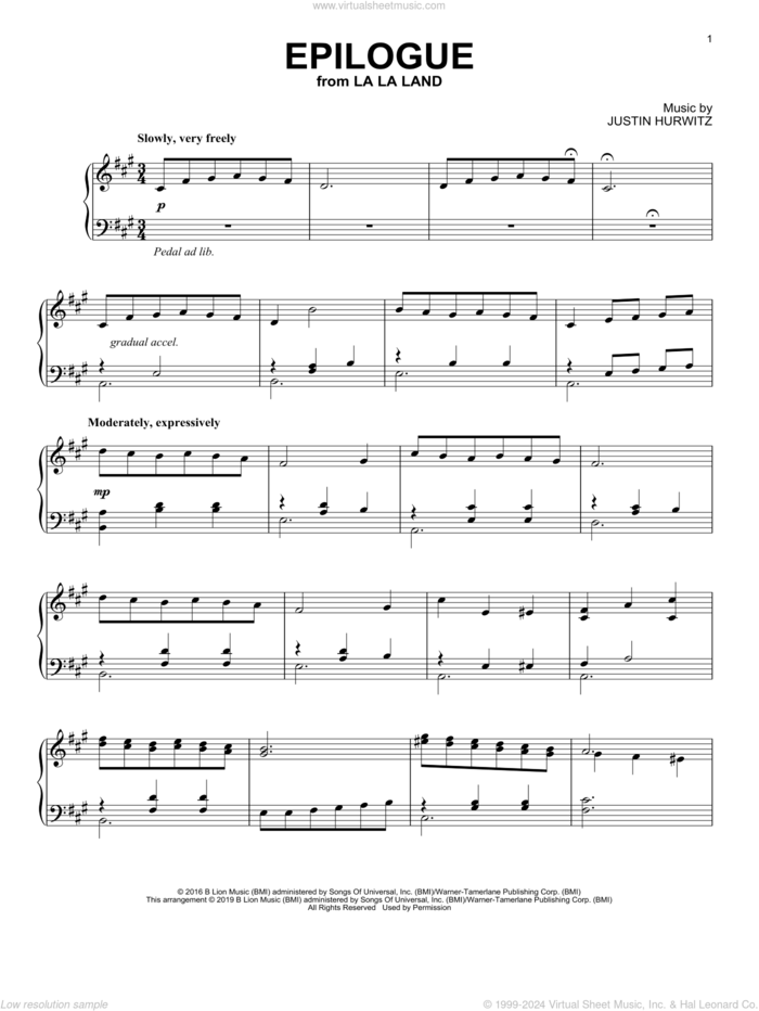 Epilogue (from La La Land) sheet music for piano solo by Justin Hurwitz, Benj Pasek and Justin Paul, intermediate skill level