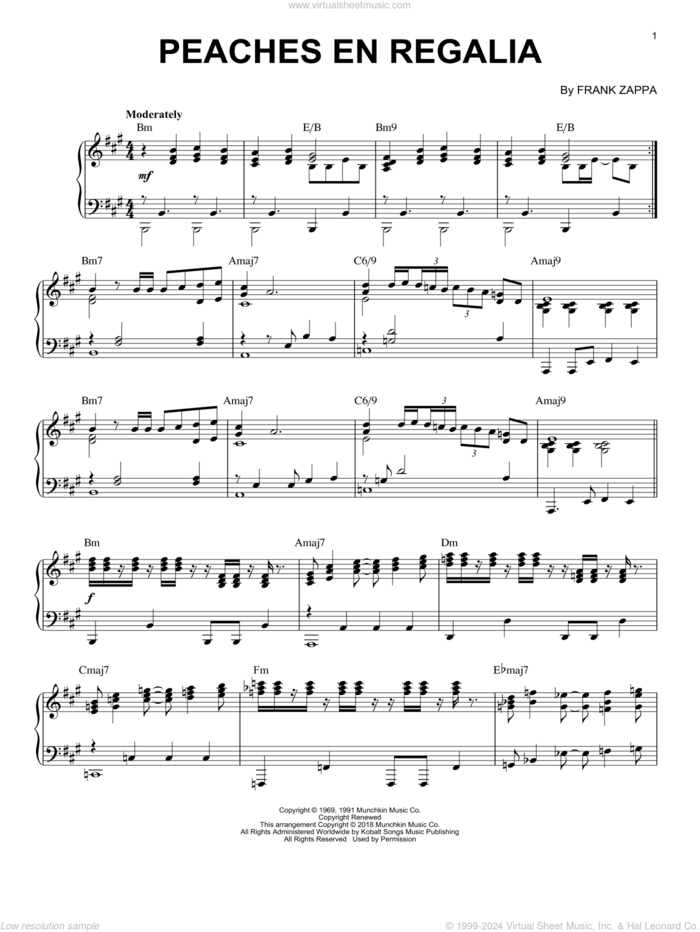 Peaches En Regalia sheet music for piano solo by Frank Zappa, intermediate skill level