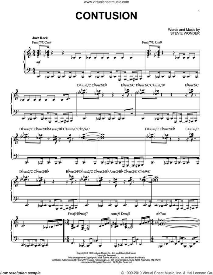 Contusion sheet music for piano solo by Stevie Wonder, intermediate skill level
