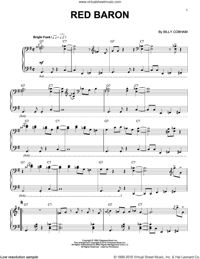 Red Baron sheet music for piano solo by Billy Cobham, intermediate skill level