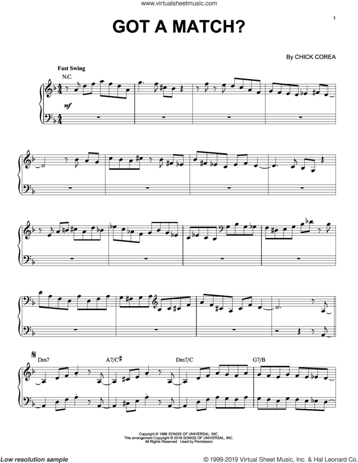 Got A Match? sheet music for piano solo by Chick Corea Elektric Band and Chick Corea, intermediate skill level