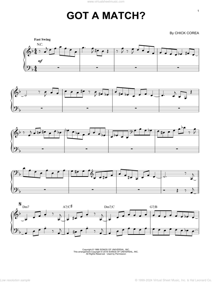 Got A Match? sheet music for piano solo by Chick Corea Elektric Band and Chick Corea, intermediate skill level